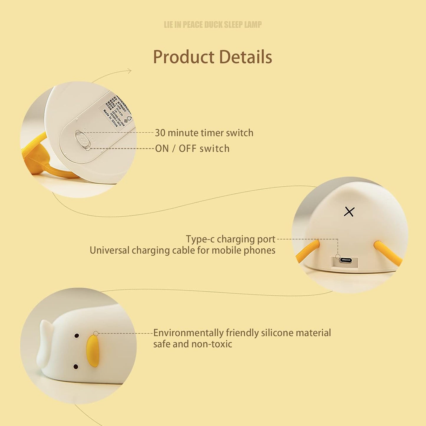 Lying Flat Benson Duck, Rechargeable Silicone Night Light, Dimmable Cute Light Up Duck, Nursery Nightlight, Bedside Lamp