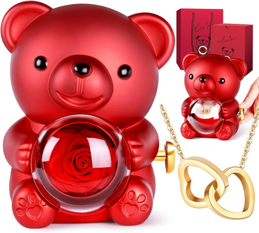 Teddy Bear with Eternal Rose and Necklace, Rose Bear Birthday Gifts for Girlfriend Mum, Birthday Gifts for Women, Forever Rose Valentines Day Gift, Personalised Valentines Gifts for Her, Mother's Day